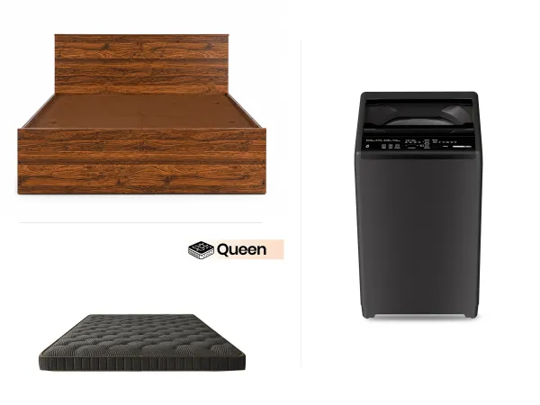 Rio Queen Bed with Storage, Premium Foam Mattress & Fully Automatic Top Load Washing Machine